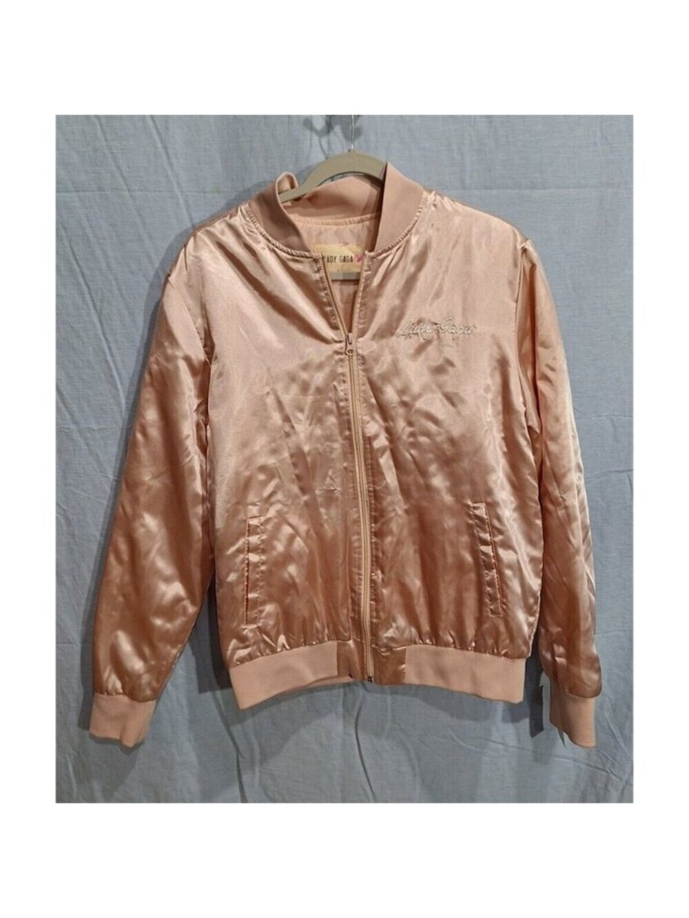 Lady Gaga Womens Satin Bomber Jacket Solid Pink Full Zip Embroidered Front L NWT